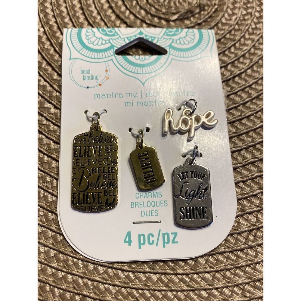 Bead Landing mantra me, Believe, Hope, Let Your Light Shine, 4 Piece Charms
